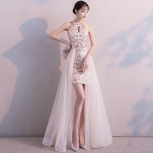 Chic Beautiful Champagne Evening Dresses 2019 A Line Princess Scoop Neck Sleeveless Floor Length Long Sequins Formal Dresses