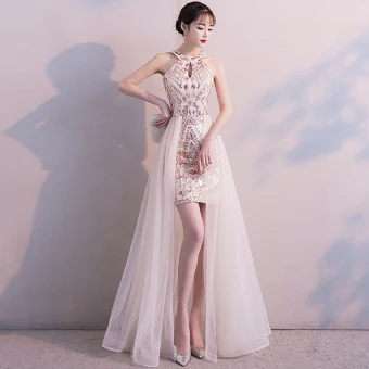 Chic Beautiful Champagne Evening Dresses 2019 A Line Princess Scoop Neck Sleeveless Floor Length Long Sequins Formal Dresses