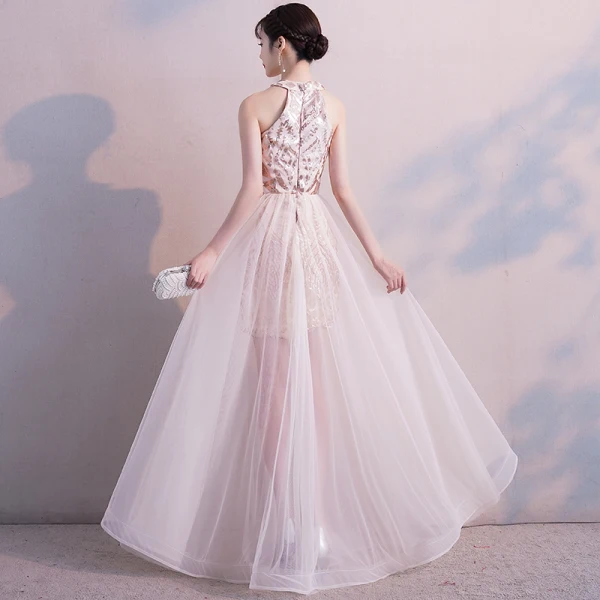 Chic / Beautiful Champagne Evening Dresses 2019 A-Line / Princess Scoop Neck Sleeveless Floor-Length / Long Sequins Formal Dresses