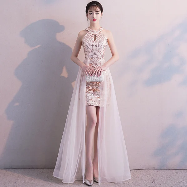 Chic / Beautiful Champagne Evening Dresses 2019 A-Line / Princess Scoop Neck Sleeveless Floor-Length / Long Sequins Formal Dresses