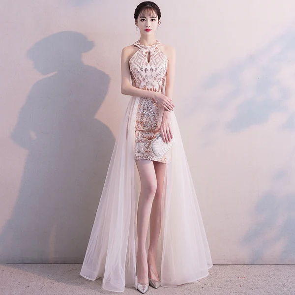 Chic / Beautiful Champagne Evening Dresses 2019 A-Line / Princess Scoop Neck Sleeveless Floor-Length / Long Sequins Formal Dresses