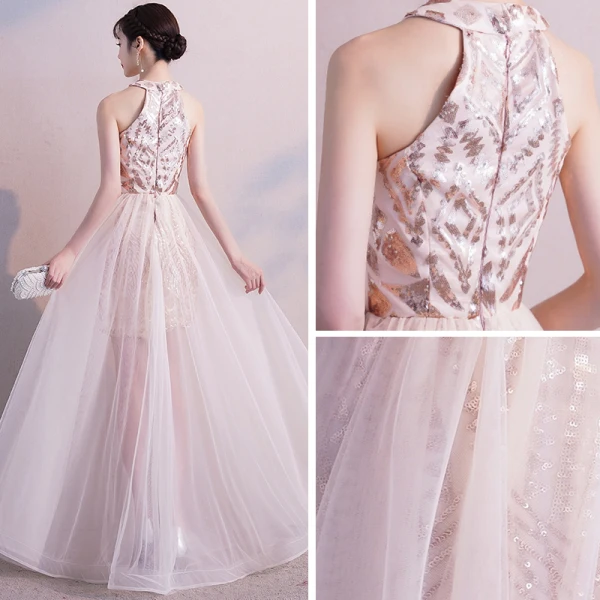 Chic / Beautiful Champagne Evening Dresses 2019 A-Line / Princess Scoop Neck Sleeveless Floor-Length / Long Sequins Formal Dresses