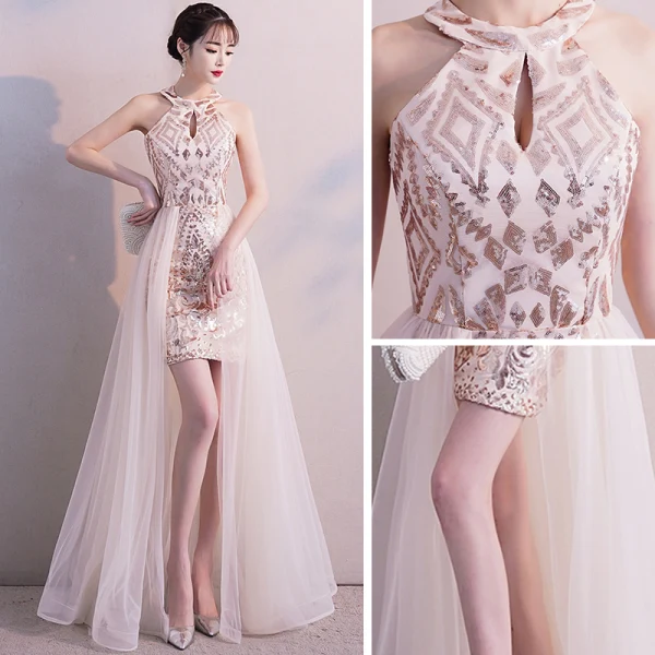 Chic / Beautiful Champagne Evening Dresses 2019 A-Line / Princess Scoop Neck Sleeveless Floor-Length / Long Sequins Formal Dresses