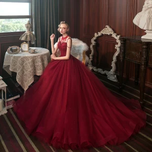 Meilleure Rouge Robe De Soirée 2020 Princesse Bretelles Spaghetti Sans Manches Perlage Gland Glitter Tulle Train De Balayage Dos Nu Robe De Ceremonie