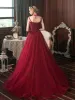 Best Red Evening Dresses  2020 A-Line / Princess Spaghetti Straps Sleeveless Beading Tassel Glitter Tulle Sweep Train Backless Formal Dresses