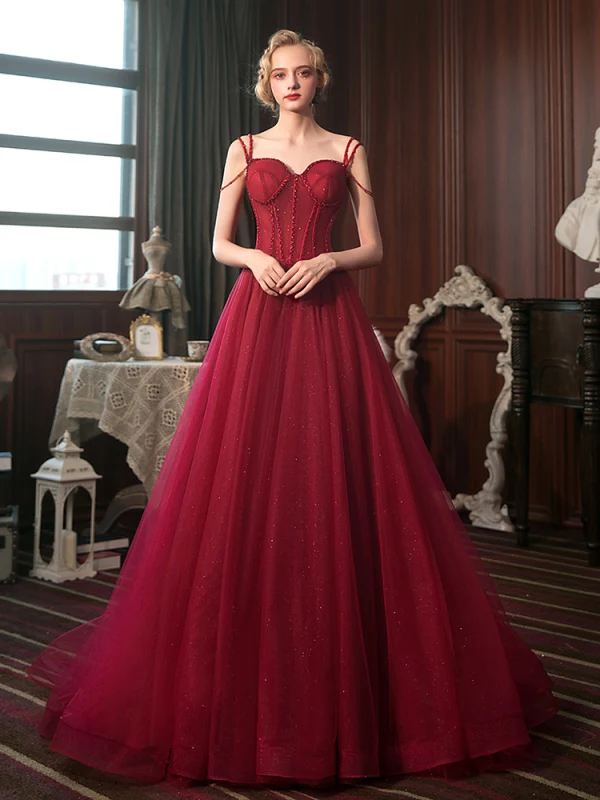 Meilleure Rouge Robe De Soirée 2020 Princesse Bretelles Spaghetti Sans Manches Perlage Gland Glitter Tulle Train De Balayage Dos Nu Robe De Ceremonie
