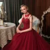 Best Red Evening Dresses  2020 A-Line / Princess Spaghetti Straps Sleeveless Beading Tassel Glitter Tulle Sweep Train Backless Formal Dresses