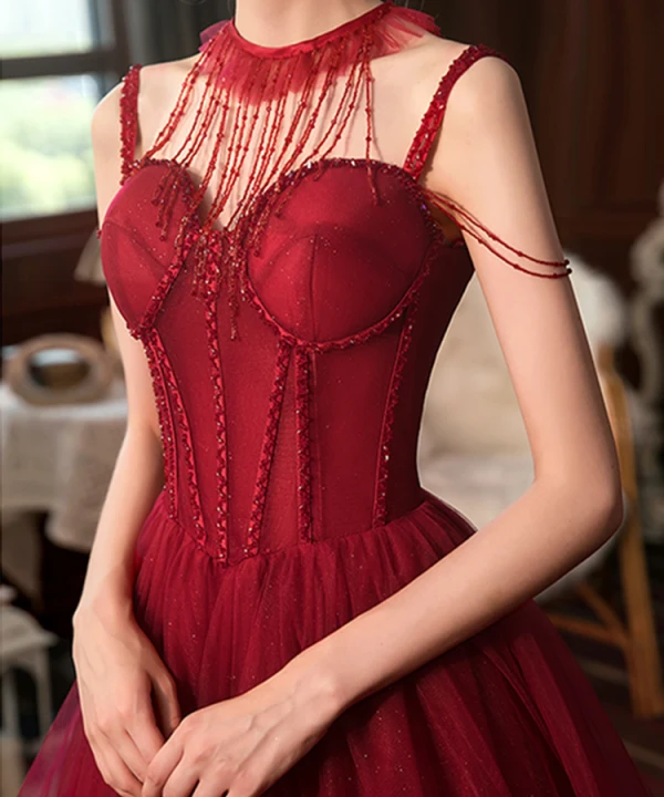 Meilleure Rouge Robe De Soirée 2020 Princesse Bretelles Spaghetti Sans Manches Perlage Gland Glitter Tulle Train De Balayage Dos Nu Robe De Ceremonie