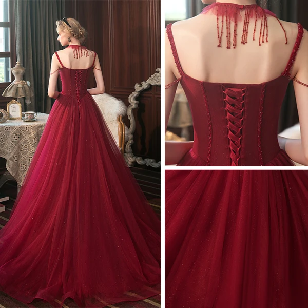 Meilleure Rouge Robe De Soirée 2020 Princesse Bretelles Spaghetti Sans Manches Perlage Gland Glitter Tulle Train De Balayage Dos Nu Robe De Ceremonie