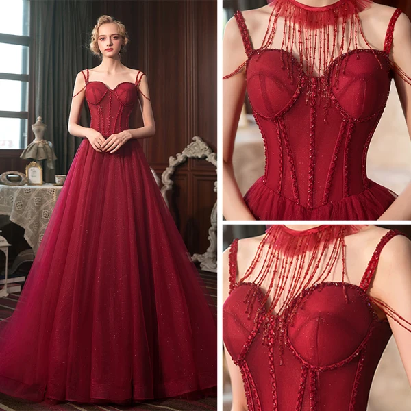 Meilleure Rouge Robe De Soirée 2020 Princesse Bretelles Spaghetti Sans Manches Perlage Gland Glitter Tulle Train De Balayage Dos Nu Robe De Ceremonie