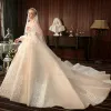 Best Champagne Wedding Dresses 2019 A-Line / Princess Sweetheart Sleeveless Backless Glitter Tulle Appliques Lace Beading Cathedral Train Ruffle
