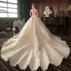Best Champagne Wedding Dresses 2019 A-Line / Princess Sweetheart Sleeveless Backless Glitter Tulle Appliques Lace Beading Cathedral Train Ruffle