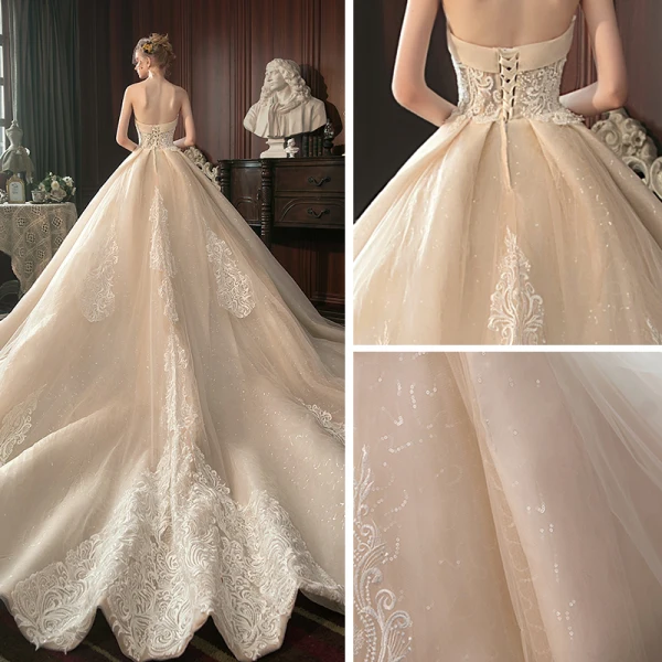 Beste Champagne Brudekjoler 2019 Prinsesse Kjæreste Uten Ermer Ryggløse Glitter Tyll Appliques Blonder Beading Cathedral Train Buste