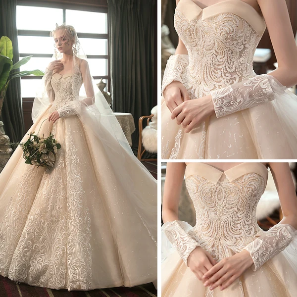 Beste Champagne Brudekjoler 2019 Prinsesse Kjæreste Uten Ermer Ryggløse Glitter Tyll Appliques Blonder Beading Cathedral Train Buste