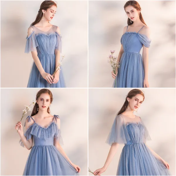 Affordable Sky Blue Bridesmaid Dresses 2019 A-Line / Princess Tea-length Ruffle Backless Wedding Party Dresses