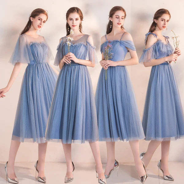 Abordable Bleu Ciel Robe Demoiselle D'honneur 2019 Princesse Thé Longueur Volants Dos Nu Robe Pour Mariage