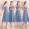 Asequible Azul Cielo Vestidos De Damas De Honor 2019 A-Line / Princess Té De Longitud Ruffle Sin Espalda Vestidos para bodas
