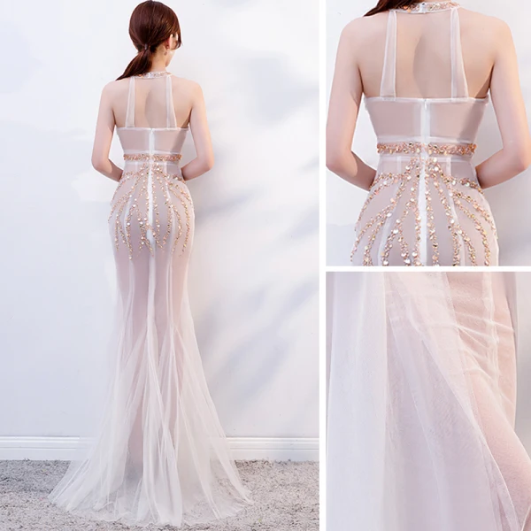 Sexy Blanche Transparentes Été Robe De Soirée 2019 Trompette / Sirène Encolure Dégagée Sans Manches Perlage Longue Volants Dos Nu Robe De Ceremonie
