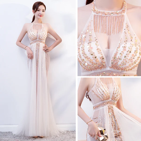 Sexy Blanche Transparentes Été Robe De Soirée 2019 Trompette / Sirène Encolure Dégagée Sans Manches Perlage Longue Volants Dos Nu Robe De Ceremonie