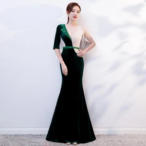 Sexy Dark Green Suede Evening Dresses 2019 Trumpet Mermaid Deep V Neck 1 2 Sleeves Beading Tassel Sequins Sash Sweep Train Ruffle Backless Formal Dresses