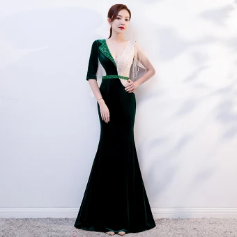 Sexy Vert Foncé Daim Robe De Soirée 2019 Trompette Sirène Col V Profond 1 2 Manches Perlage Gland Paillettes Ceinture Train De Balayage Volants Dos Nu Robe De Ceremonie