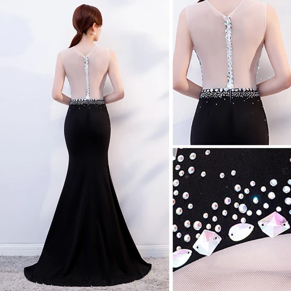 Sexy Schwarz Durchsichtige Abendkleider 2019 Meerjungfrau Rundhalsausschnitt Ärmellos Perlenstickerei Strass Sweep / Pinsel Zug Festliche Kleider
