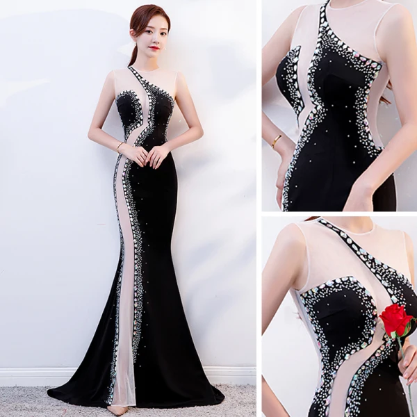 Sexy Schwarz Durchsichtige Abendkleider 2019 Meerjungfrau Rundhalsausschnitt Ärmellos Perlenstickerei Strass Sweep / Pinsel Zug Festliche Kleider