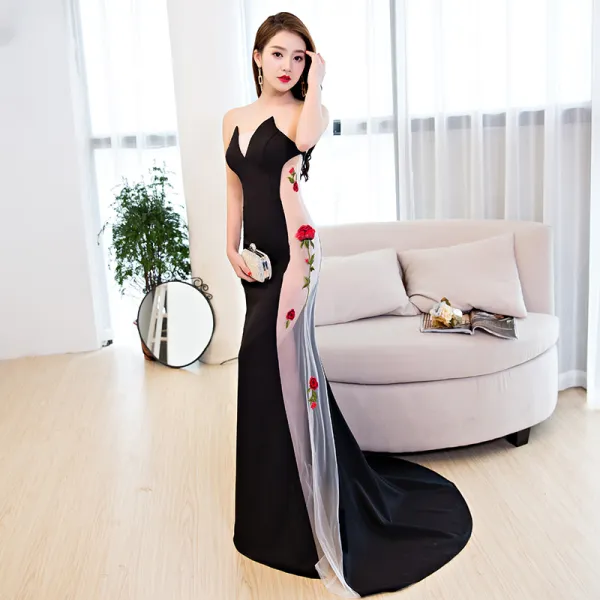 Sexy Black Summer See-through Evening Dresses  2019 Trumpet / Mermaid Sweetheart Sleeveless Flower Appliques Lace Sweep Train Formal Dresses
