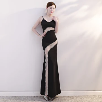Sexy Noire Transparentes Robe De Soirée 2019 Trompette Sirène Bretelles Spaghetti Sans Manches Faux Diamant Longue Dos Nu Robe De Ceremonie