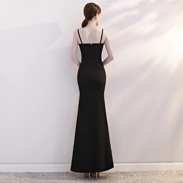 Sexy Noire Transparentes Robe De Soirée 2019 Trompette / Sirène Bretelles Spaghetti Sans Manches Faux Diamant Longue Dos Nu Robe De Ceremonie