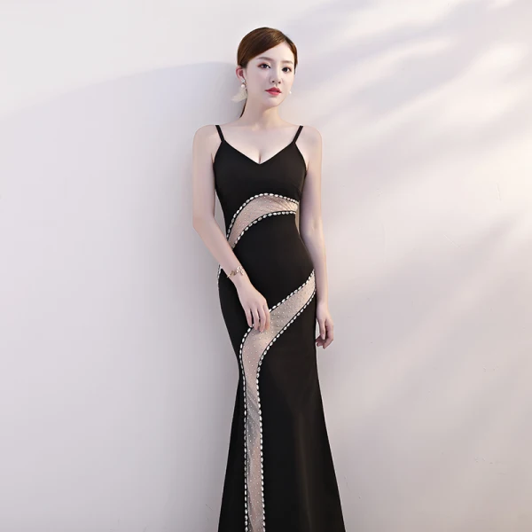 Sexy Noire Transparentes Robe De Soirée 2019 Trompette / Sirène Bretelles Spaghetti Sans Manches Faux Diamant Longue Dos Nu Robe De Ceremonie