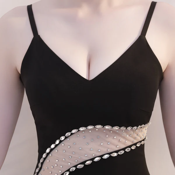 Sexy Noire Transparentes Robe De Soirée 2019 Trompette / Sirène Bretelles Spaghetti Sans Manches Faux Diamant Longue Dos Nu Robe De Ceremonie