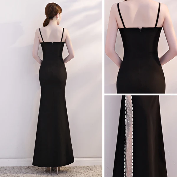 Sexy Noire Transparentes Robe De Soirée 2019 Trompette / Sirène Bretelles Spaghetti Sans Manches Faux Diamant Longue Dos Nu Robe De Ceremonie