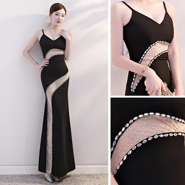 Sexy Noire Transparentes Robe De Soirée 2019 Trompette / Sirène Bretelles Spaghetti Sans Manches Faux Diamant Longue Dos Nu Robe De Ceremonie
