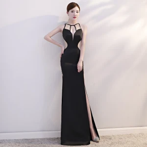 Sexy Noire Transparentes Été Robe De Soirée 2019 Trompette Sirène Encolure Dégagée Sans Manches Faux Diamant Fendue Devant Longue Dos Nu Robe De Ceremonie
