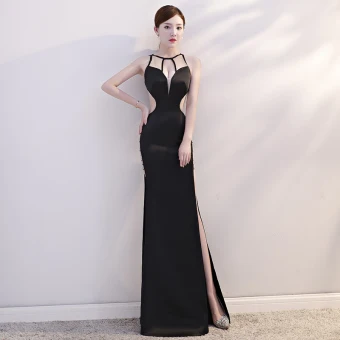 Sexy Noire Transparentes Été Robe De Soirée 2019 Trompette Sirène Encolure Dégagée Sans Manches Faux Diamant Fendue Devant Longue Dos Nu Robe De Ceremonie