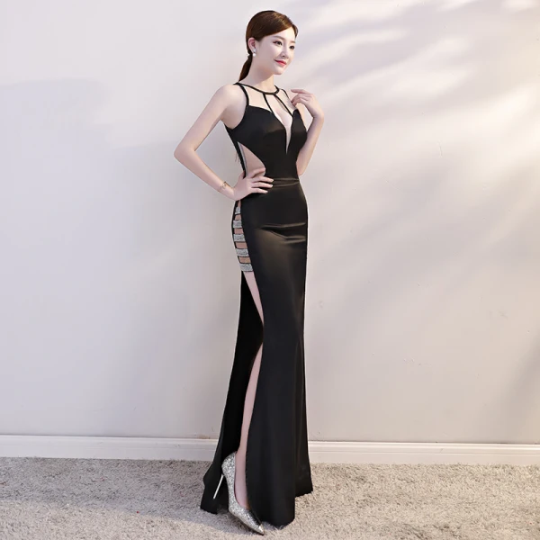 Sexy Noire Transparentes Été Robe De Soirée 2019 Trompette / Sirène Encolure Dégagée Sans Manches Faux Diamant Fendue devant Longue Dos Nu Robe De Ceremonie