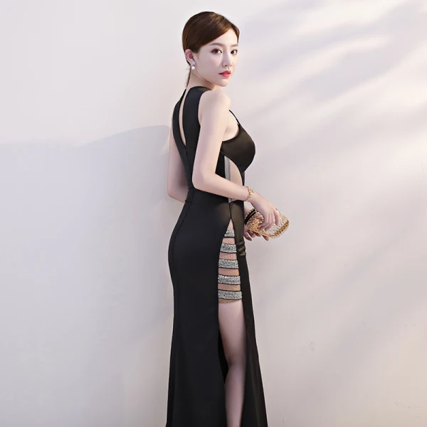 Sexy Noire Transparentes Été Robe De Soirée 2019 Trompette / Sirène Encolure Dégagée Sans Manches Faux Diamant Fendue devant Longue Dos Nu Robe De Ceremonie