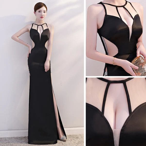 Sexy Noire Transparentes Été Robe De Soirée 2019 Trompette / Sirène Encolure Dégagée Sans Manches Faux Diamant Fendue devant Longue Dos Nu Robe De Ceremonie