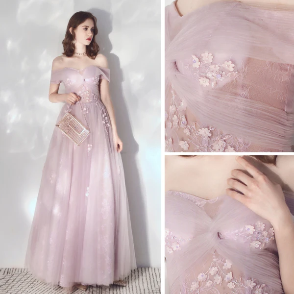 Elegant Blushing Pink Evening Dresses  2019 A-Line / Princess Off-The-Shoulder Short Sleeve Appliques Flower Beading Floor-Length / Long Ruffle Backless Formal Dresses