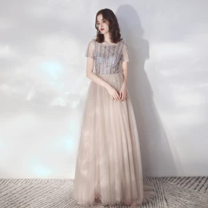Illusion Champagne Grey See Through Evening Dresses 2019 A Line Princess Scoop Neck Short Sleeve Rhinestone Beading Floor Length Long Ruffle Formal Dresses