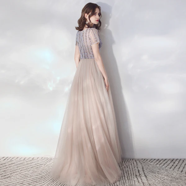 Illusion Champagne Grey See-through Evening Dresses  2019 A-Line / Princess Scoop Neck Short Sleeve Rhinestone Beading Floor-Length / Long Ruffle Formal Dresses