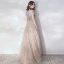 Illusion Champagne Grey See-through Evening Dresses  2019 A-Line / Princess Scoop Neck Short Sleeve Rhinestone Beading Floor-Length / Long Ruffle Formal Dresses