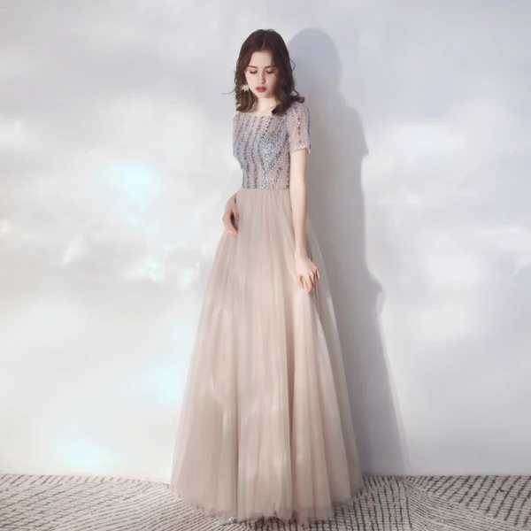 Illusion Champagne Grey See-through Evening Dresses  2019 A-Line / Princess Scoop Neck Short Sleeve Rhinestone Beading Floor-Length / Long Ruffle Formal Dresses