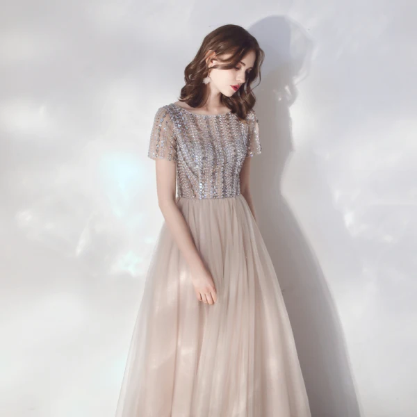 Illusion Champagne Grey See-through Evening Dresses  2019 A-Line / Princess Scoop Neck Short Sleeve Rhinestone Beading Floor-Length / Long Ruffle Formal Dresses
