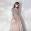 Illusion Champagne Grey See-through Evening Dresses  2019 A-Line / Princess Scoop Neck Short Sleeve Rhinestone Beading Floor-Length / Long Ruffle Formal Dresses