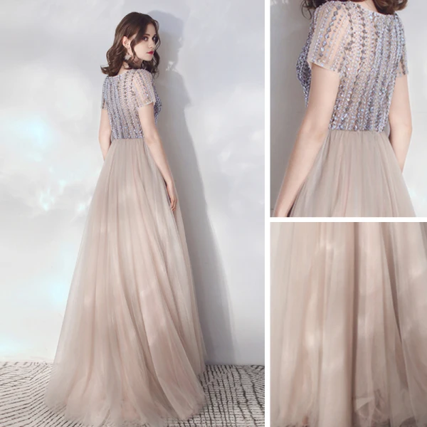 Illusion Champagne Grey See-through Evening Dresses  2019 A-Line / Princess Scoop Neck Short Sleeve Rhinestone Beading Floor-Length / Long Ruffle Formal Dresses