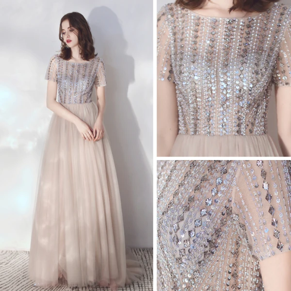 Illusion Champagne Grey See-through Evening Dresses  2019 A-Line / Princess Scoop Neck Short Sleeve Rhinestone Beading Floor-Length / Long Ruffle Formal Dresses