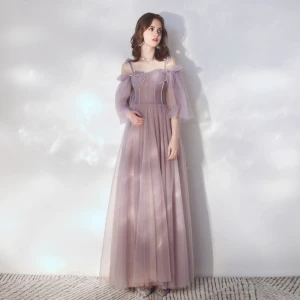 Élégant Lavande Robe De Soirée 2019 Princesse Bretelles Spaghetti Détachable 3 4 Manches Perlage Longue Volants Dos Nu Robe De Ceremonie