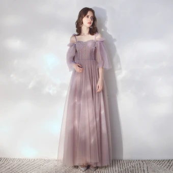 Elegant Lavender Evening Dresses 2019 A Line Princess Spaghetti Straps Detachable 3 4 Sleeve Beading Floor Length Long Ruffle Backless Formal Dresses